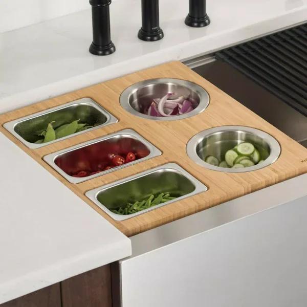 Kraus Workstation Kitchen Sink Accessory Set - Bamboo Serving Board & 5 Stainless Steel Prep Bowls