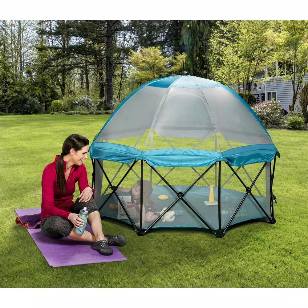 Regalo 8-Panel My Play Deluxe Portable Play Yard, 26 in. High with Attachable Canopy, Blue