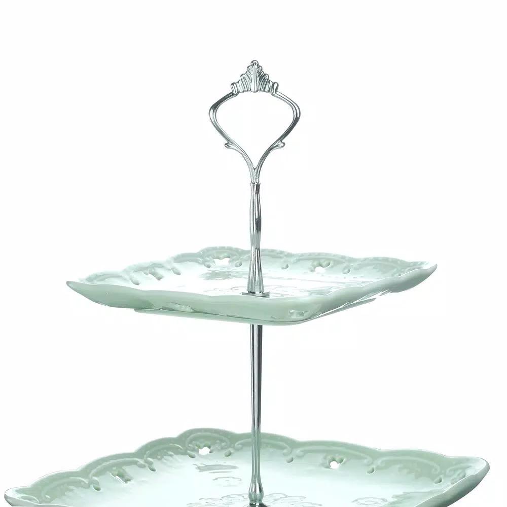 MALACASA 3-Tiered Green Porcelain Square Cupcake Tower Stand - 14.5 in. Dessert Serving Tray