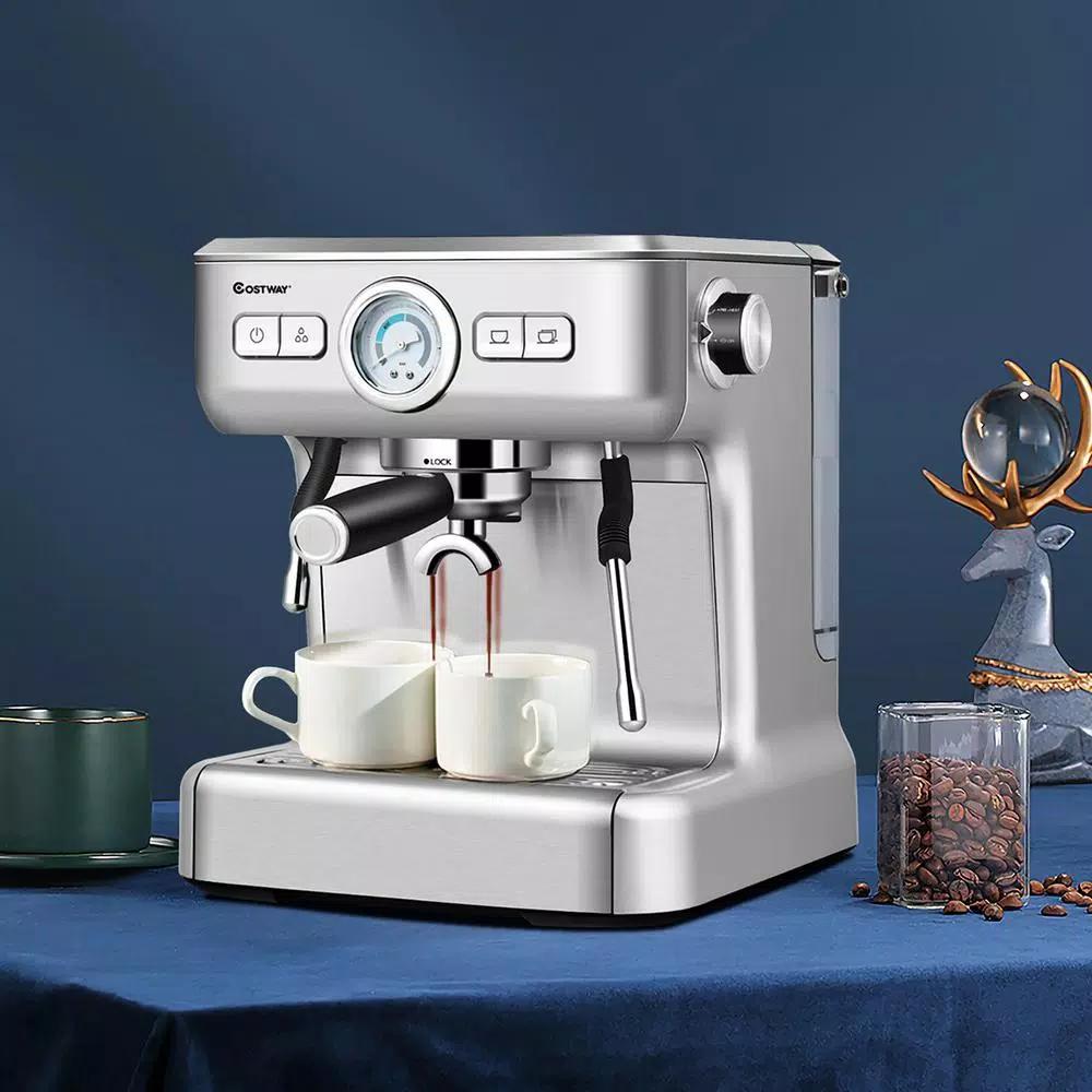Costway Stainless Steel Semi-Auto Espresso Machine with Milk Frother Wand, 1500W Coffee Maker