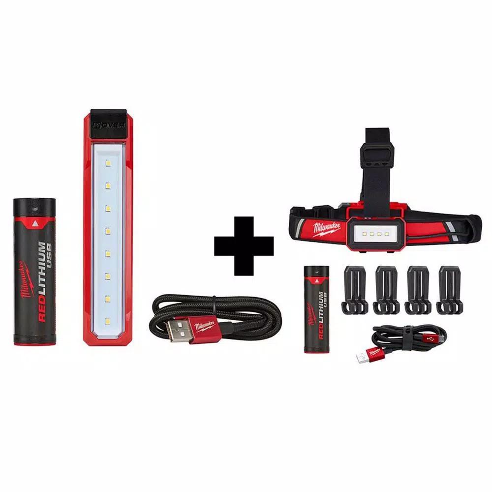 Milwaukee REDLITHIUM USB Rechargeable LED Rover Pocket Flood Light & Low-Profile Headlamp 2-Pack