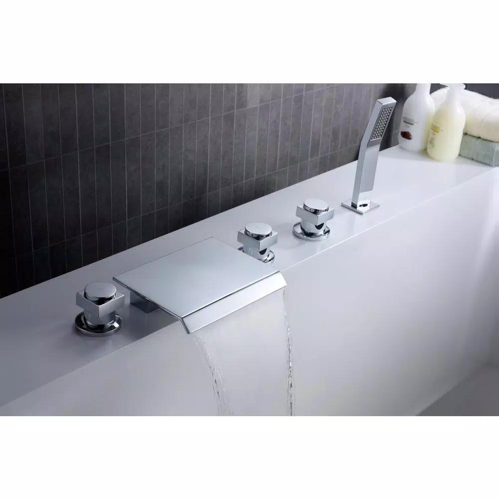 ANZZI Guaira 3-Handle Deck-Mount Roman Tub Faucet with Waterfall Spout and Handheld Sprayer, Polished Chrome