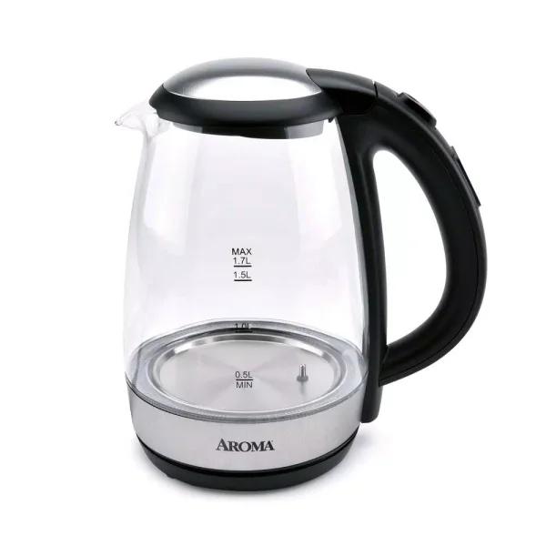 AROMA 7-Cup Black Glass Electric Kettle with Digital Temperature Display, 1.7L Cordless Pouring