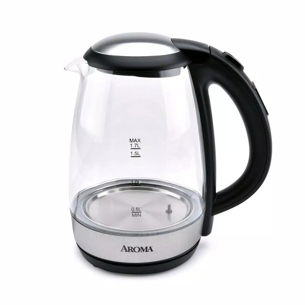 AROMA 7-Cup Black Glass Electric Kettle with Digital Temperature Display, 1.7L Cordless Pouring