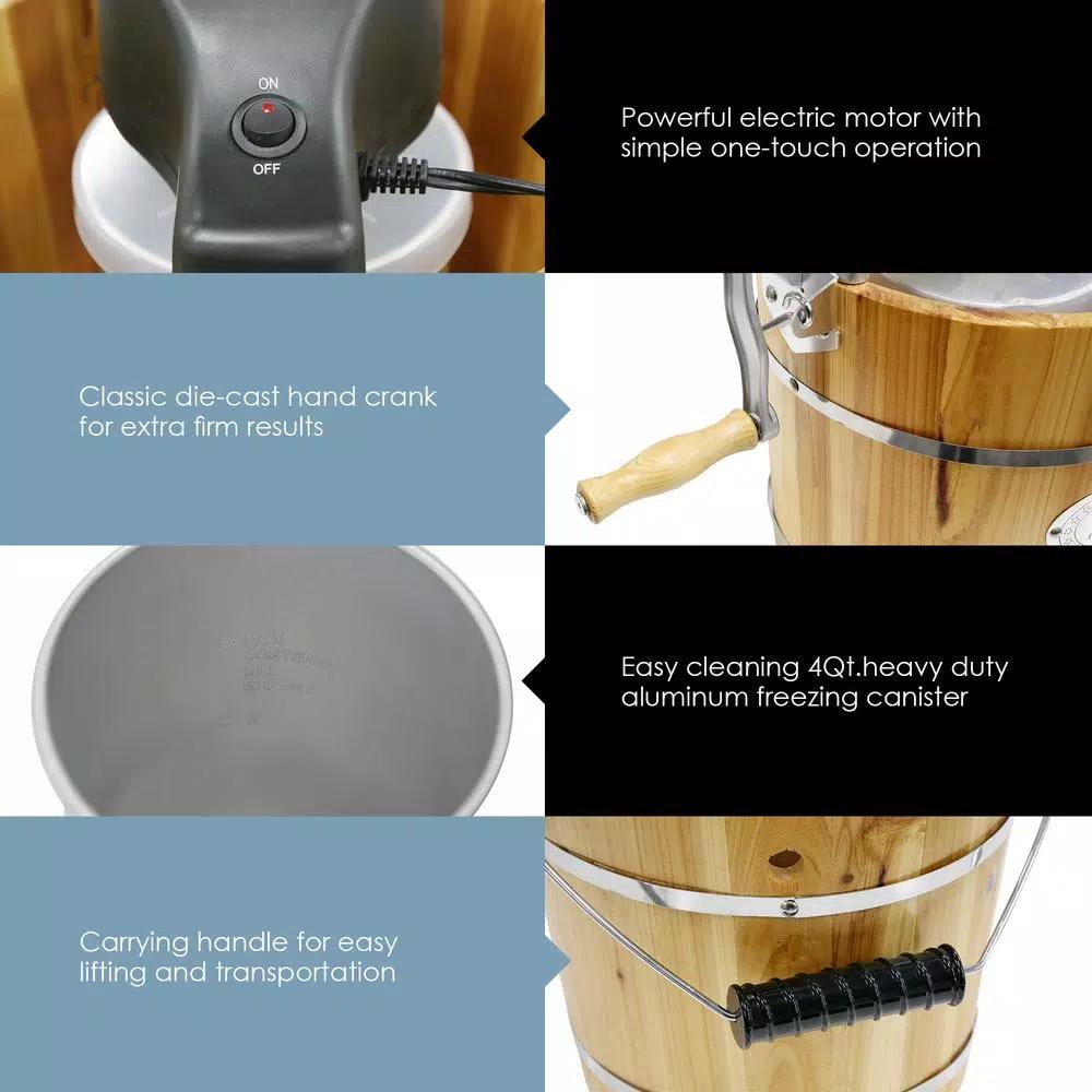 Maximatic Elite Gourmet 4Qt. Old Fashioned Pine Wood Electric & Manual Ice Cream Maker