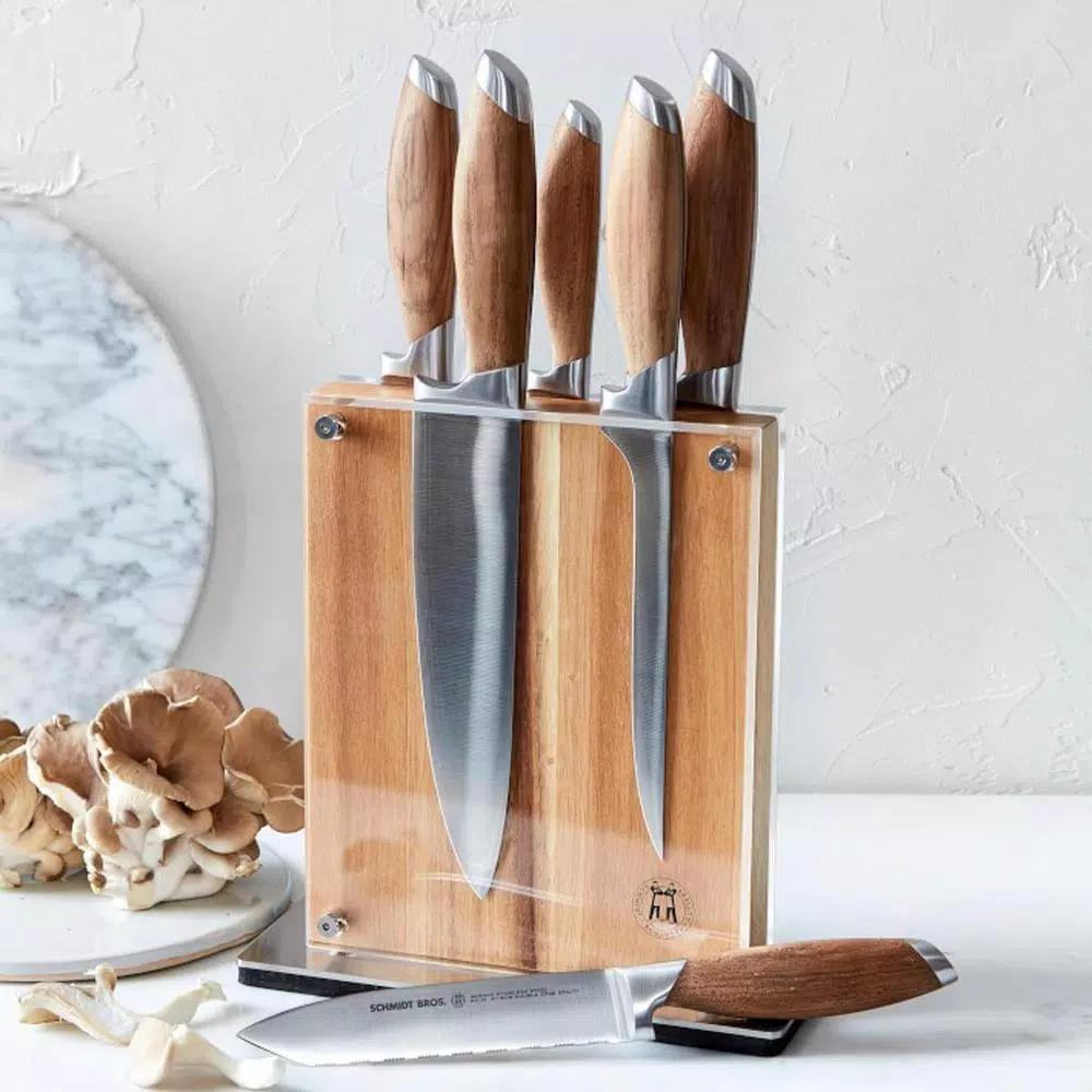 SCHMIDT BROS. Schmidt Brothers 7-Piece Bonded Teak Stainless Steel Knife Set with Acacia Midtown Magnetic Block