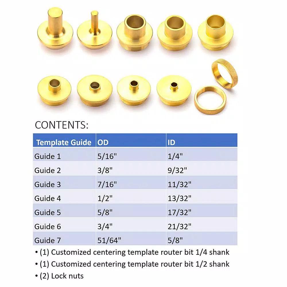 POWERTEC 11-Piece Brass Router Guide Bushing Set with Centering Bits and Lock Nuts