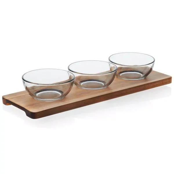Libbey Acaciawood 4-Piece Condiment Server Set with Glass Bowls and Wood Serving Board