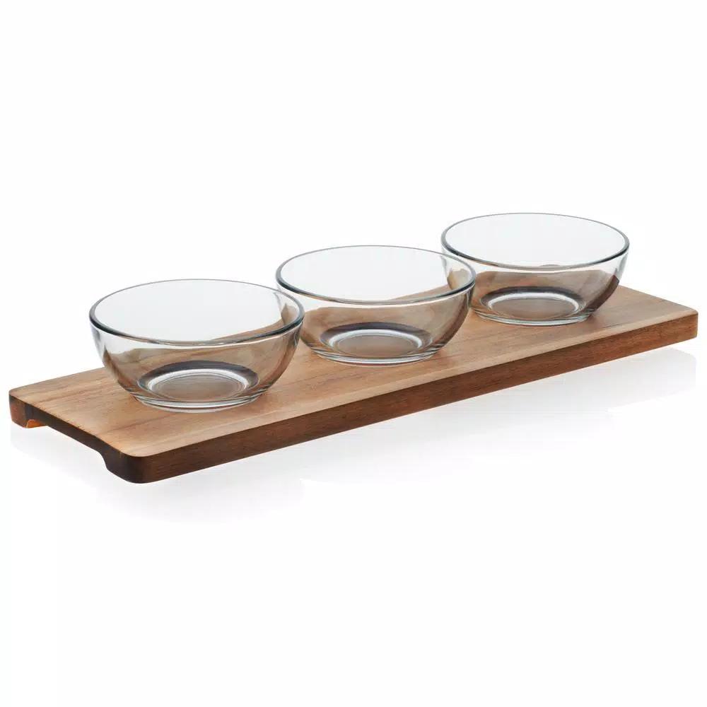 Libbey Acaciawood 4-Piece Condiment Server Set with Glass Bowls and Wood Serving Board