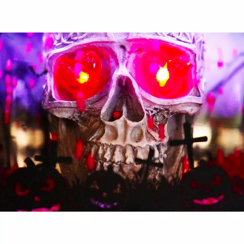 Haunted Hill Farm 71 in. Black Animated Skull Lamp Post with Spooky Music