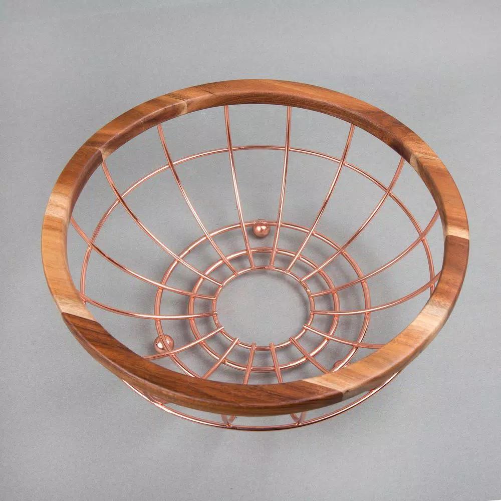 Creative Home Deluxe Acacia Wood and Copper Plated Iron Wire Fruit Basket Bowl