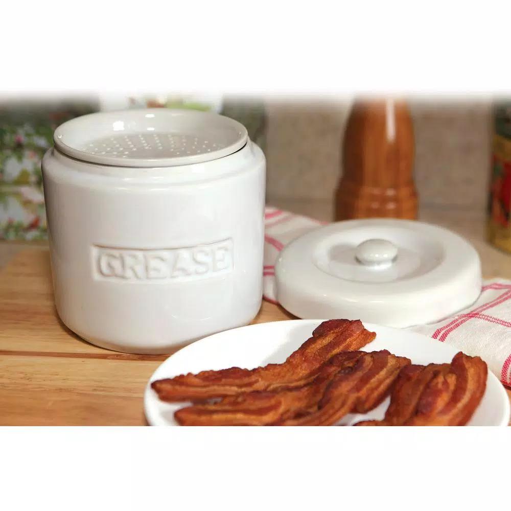 Fox Run White Porcelain Grease Container with Meshed Strainer and Lid
