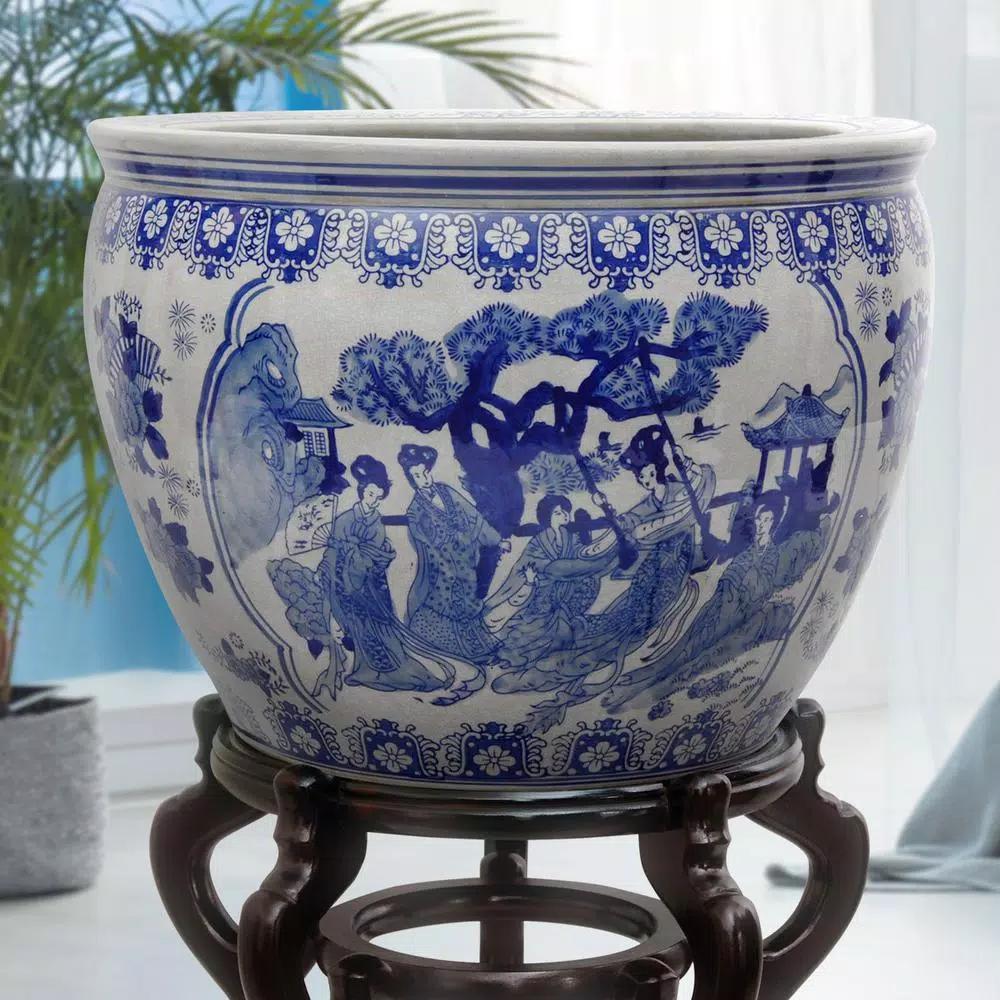 Unbranded Oriental Furniture 18 in. Blue and White Porcelain Fishbowl Planter