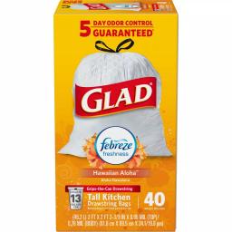 Glad 13 Gallon Tall Kitchen Drawstring Trash Bags, Febreze Hawaiian Aloha Odor Shield, 40-Count thumbnail 7