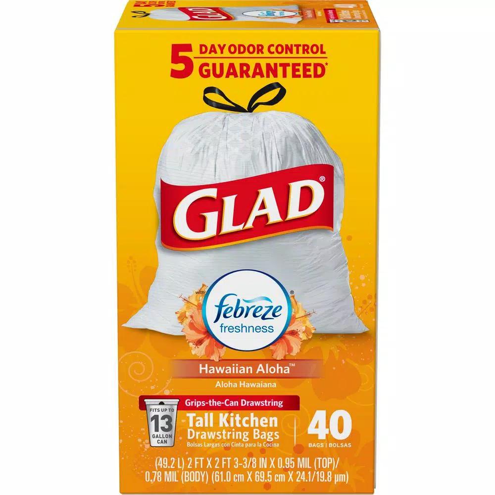 Glad 13 Gallon Tall Kitchen Drawstring Trash Bags, Febreze Hawaiian Aloha Odor Shield, 40-Count
