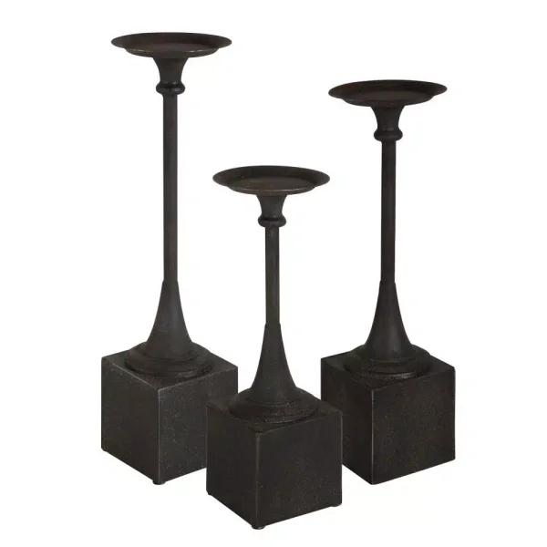 Kate and Laurel Bedrick Black Wood and Metal Candle Holder Set of 3, Modern Farmhouse Pedestal Style