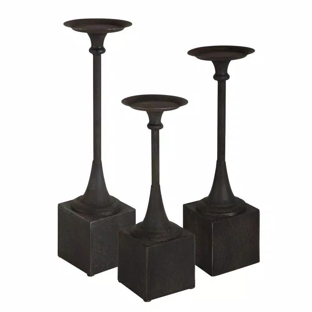 Kate and Laurel Bedrick Black Wood and Metal Candle Holder Set of 3, Modern Farmhouse Pedestal Style