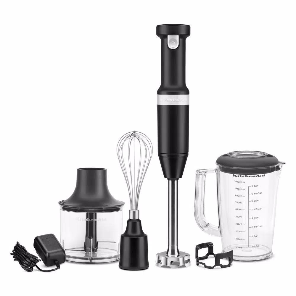 KitchenAid Cordless Variable Speed Hand Blender with Chopper and Whisk Attachments, Black Matte
