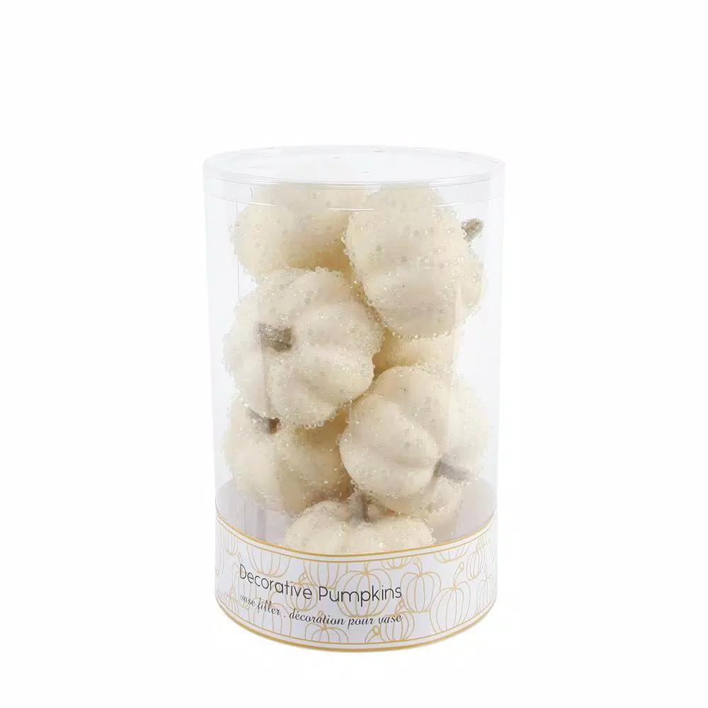 Flora Bunda 8-Piece Cream White Beaded Mini Pumpkin Set - Fall Harvest Indoor Tabletop Decor