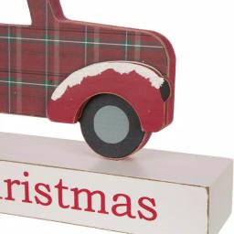 Glitzhome Merry Christmas Red Truck Wooden Table Decor with Christmas Trees thumbnail 4
