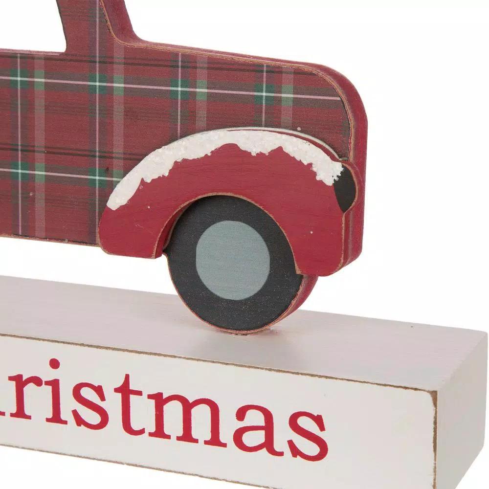 Glitzhome Merry Christmas Red Truck Wooden Table Decor with Christmas Trees