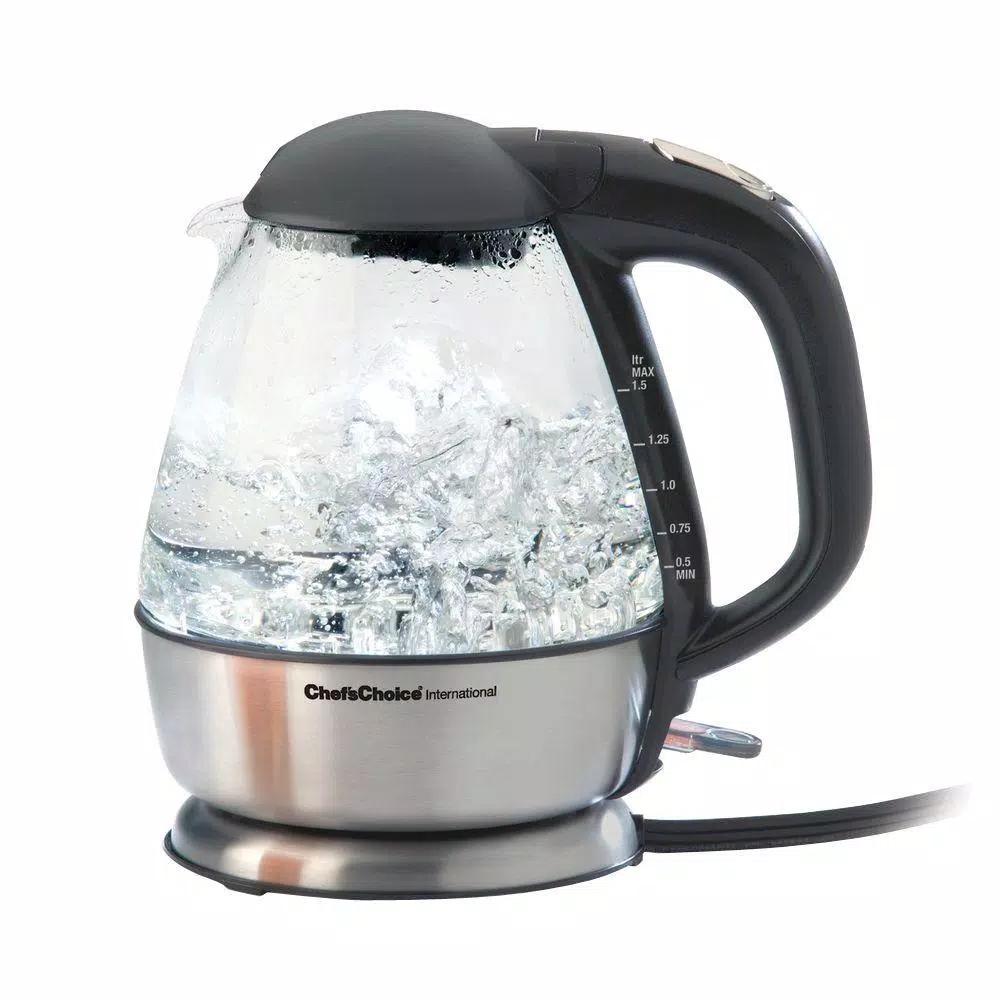 Chef'sChoice 7-Cup Cordless Stainless Steel and Glass Electric Kettle, 1500W, Automatic Shut-off