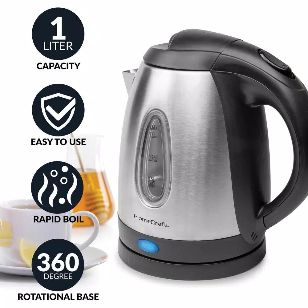 HomeCraft 1-Liter Stainless Steel Electric Kettle, 1500W Rapid Boil, 4-Cup Cordless Water Boiler