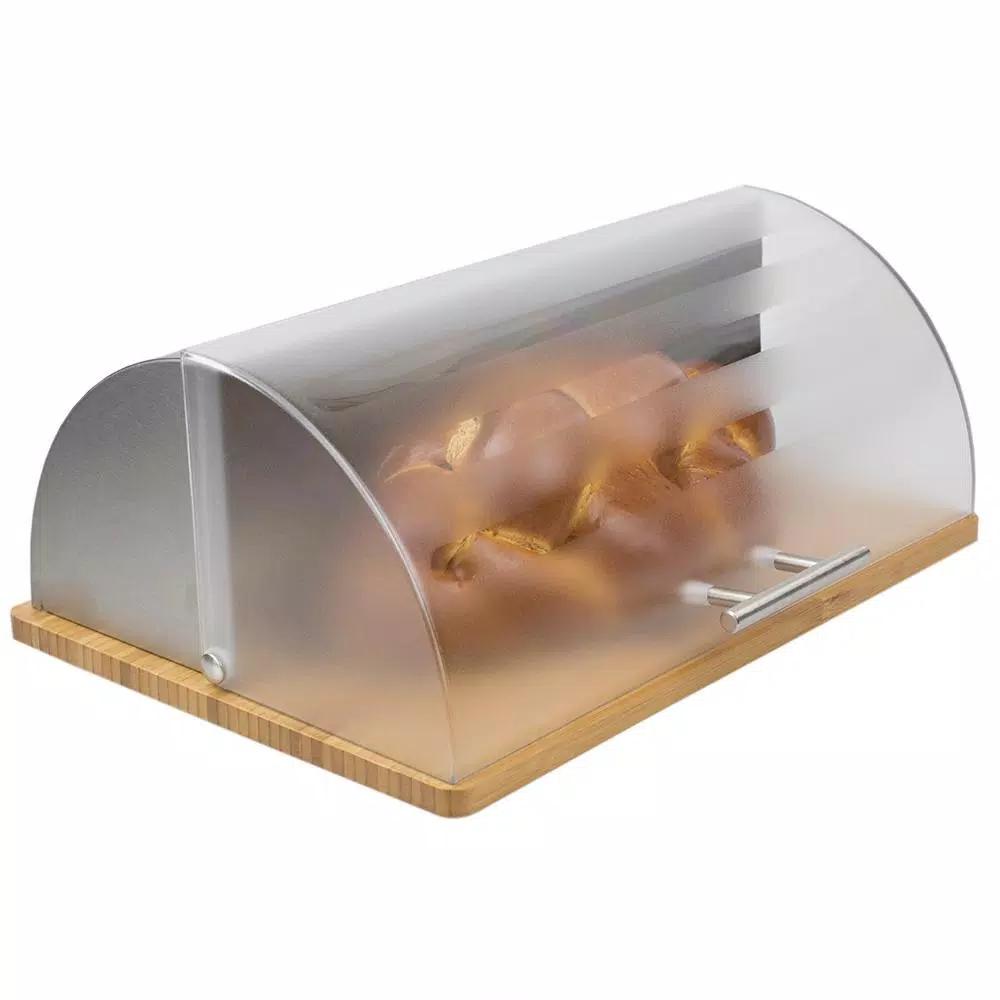Unbranded Stainless Steel Bread Box with Wood Base and Acrylic Lid, Natural Grey