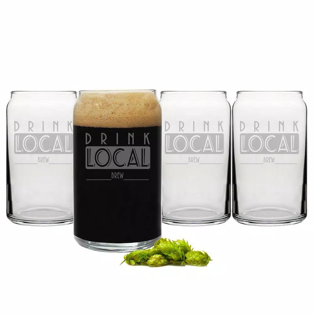 Cathy's Concepts Drink Local 16 oz. Craft Beer Can Glasses - Set of 4 Hand-Blown Glassware