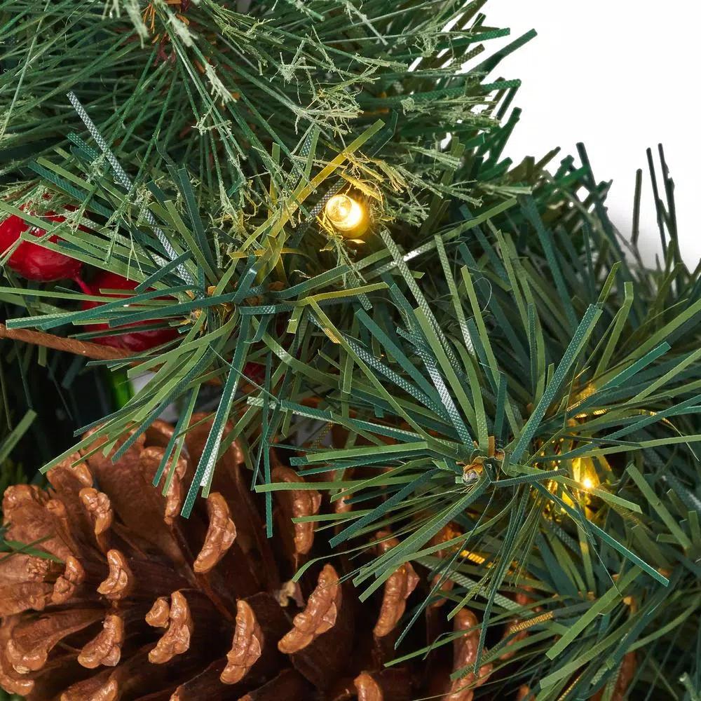 Noble House 24 in. Mixed Pine Artificial Christmas Wreath with Pine Cones, Berries, and Warm White LED Lights