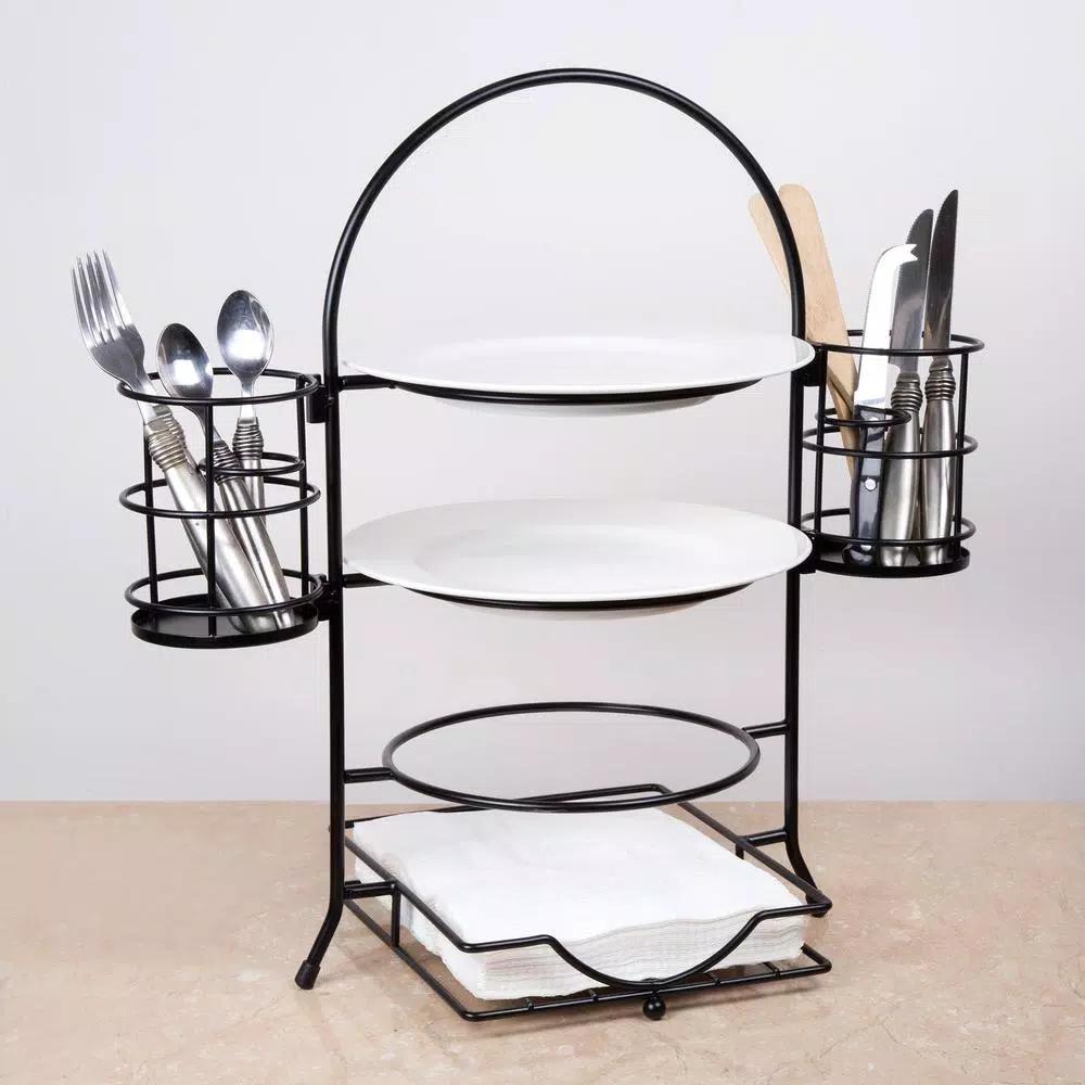 Creative Home 3-Tier Black Iron Buffet Caddy Serving Rack with Napkin and Flatware Holders