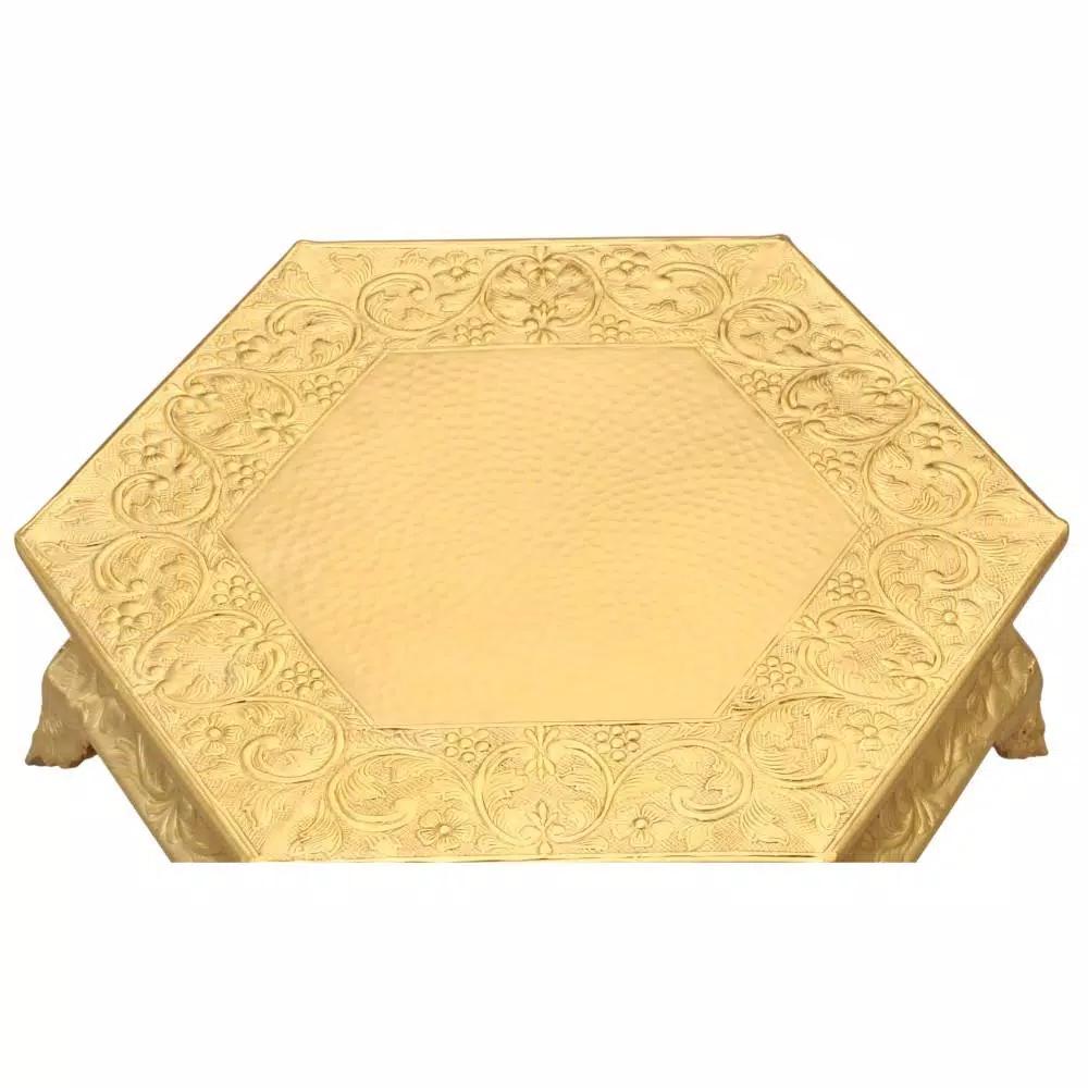 Benzara 14 in. Gold Hexagonal Metal Wedding Cake Stand with Hammered Center