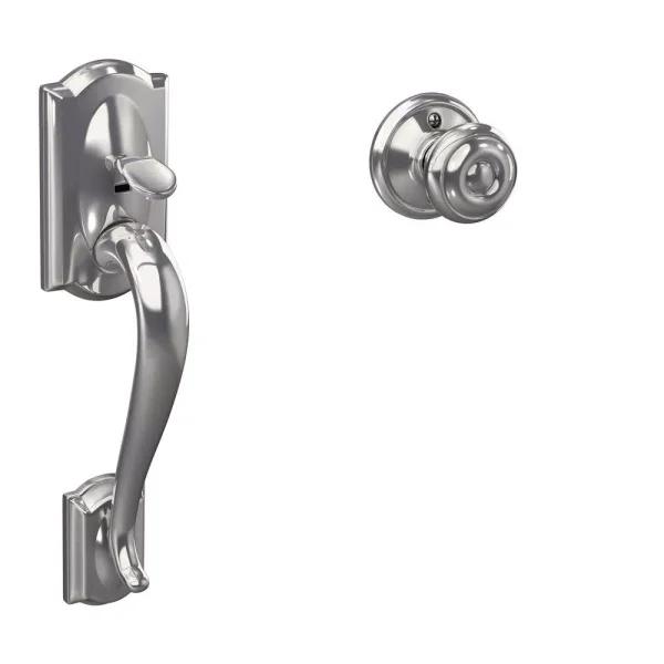 Schlage Camelot Bright Chrome Front Entry Handleset with Georgian Knob