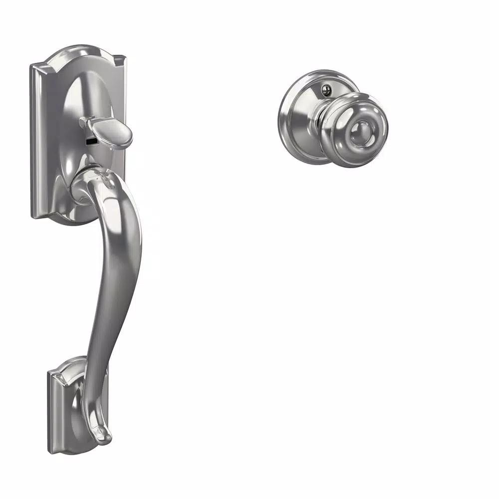 Schlage Camelot Bright Chrome Front Entry Handleset with Georgian Knob