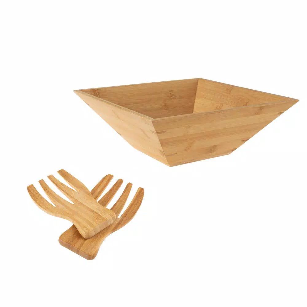 Classic Cuisine 11 in. Square Bamboo Salad Bowl Set with Two Utensils