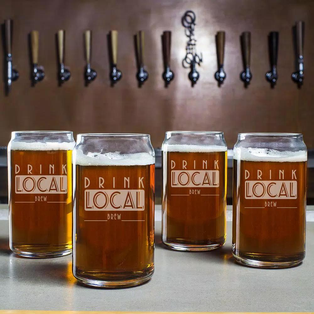 Cathy's Concepts Drink Local 16 oz. Craft Beer Can Glasses - Set of 4 Hand-Blown Glassware