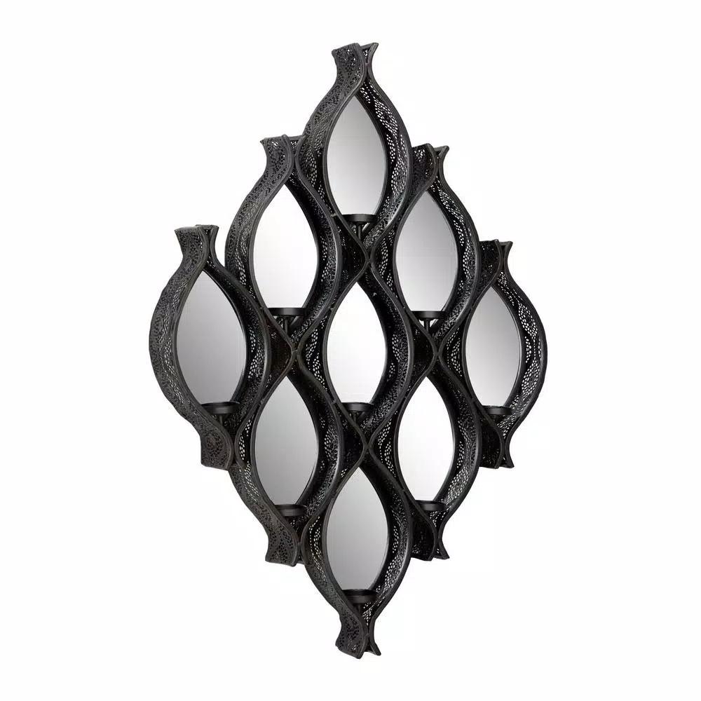 LITTON LANE Eclectic Large Black Diamond Mesh Metal Wall Sconce with Mirror Inlays
