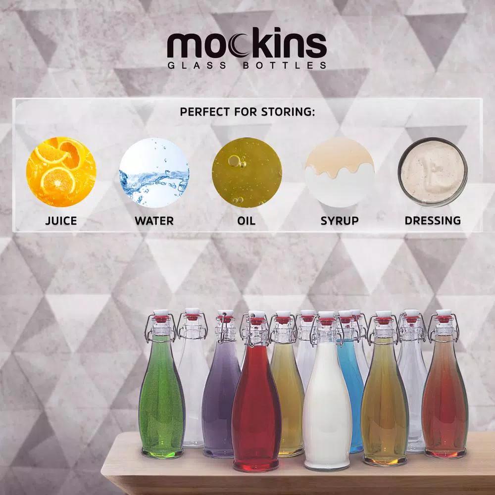 Mockins 17 oz. Glass Bottles with Swing Top Stoppers, Funnel, Brush, and Gold Marker (Set of 12)
