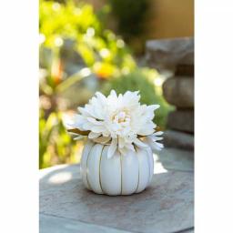 Flora Bunda 5.75 in. Cream White Faux Chrysanthemum Arrangement in Ceramic Pumpkin Pot with Gold Trim thumbnail 5