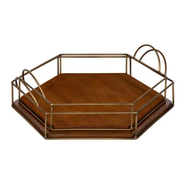 Kate and Laurel Westland Mid-Century Modern Wood and Metal Nesting Tray Set, Brown and Gold