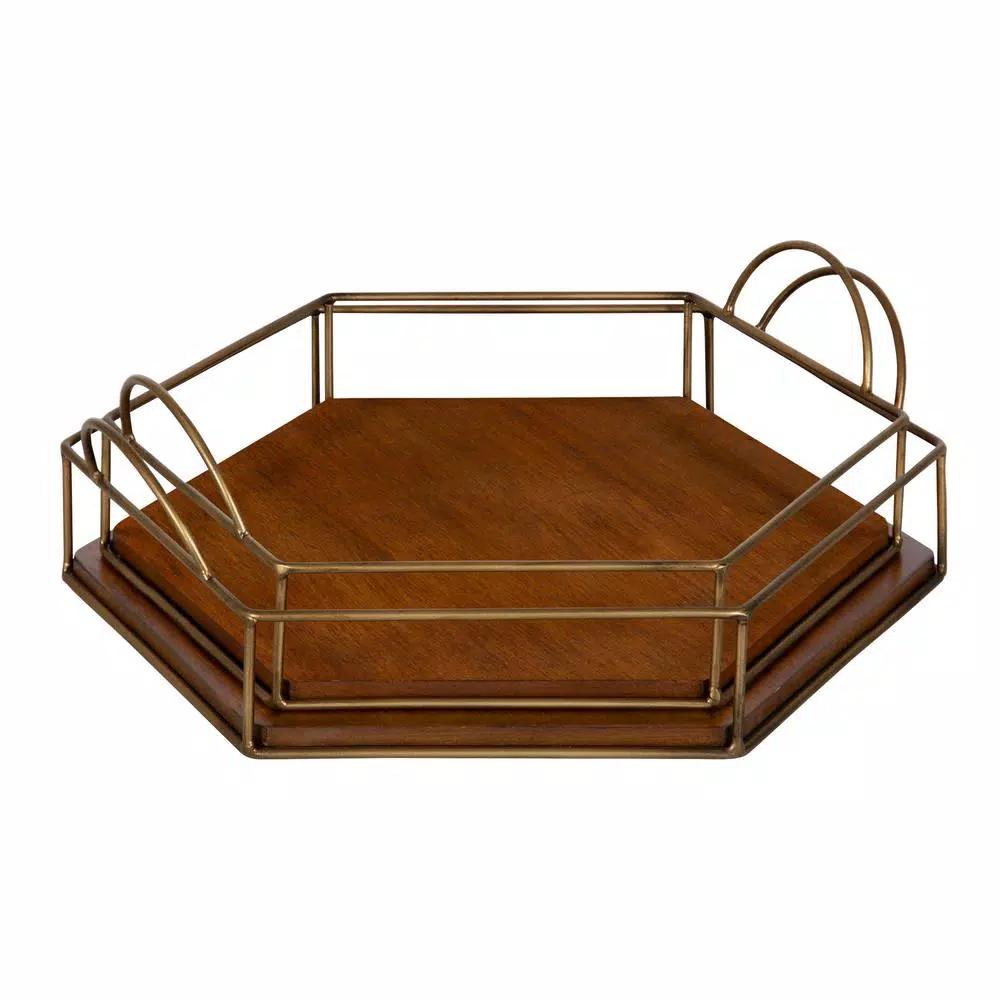 Kate and Laurel Westland Mid-Century Modern Wood and Metal Nesting Tray Set, Brown and Gold