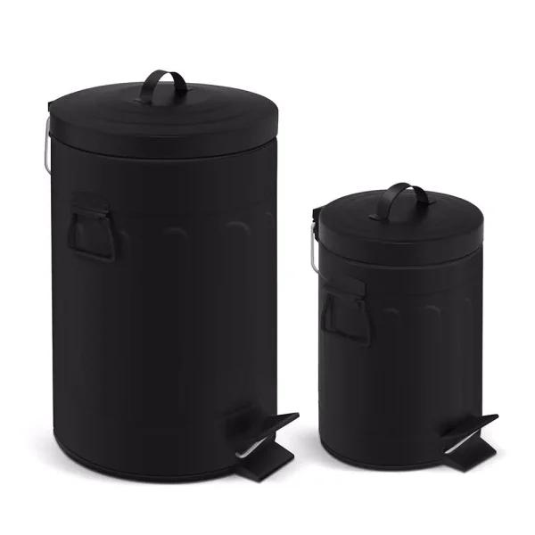 Innovaze New York Style Round Black Metal Step-On Trash Can Set - 12L & 3L Capacity