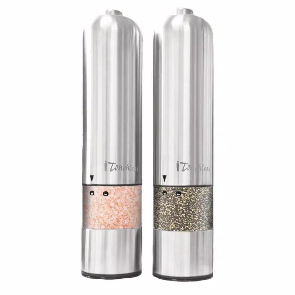 iTouchless Brushed Stainless Steel Electronic Salt and Pepper Mill Set, 2-Pack