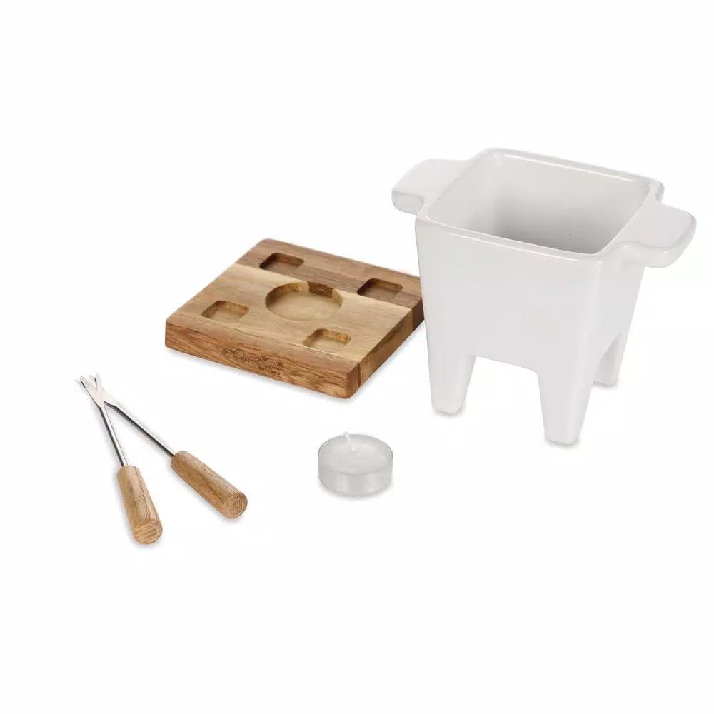 Boska Exclusive Collection 4-Piece Ceramic Fondue Set with Oak Wood Base - White