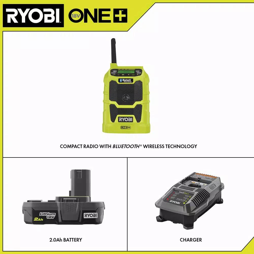 RYOBI 18V ONE+ Cordless Compact Radio Bluetooth Kit with 2.0 Ah Battery and IntelliPort Charger