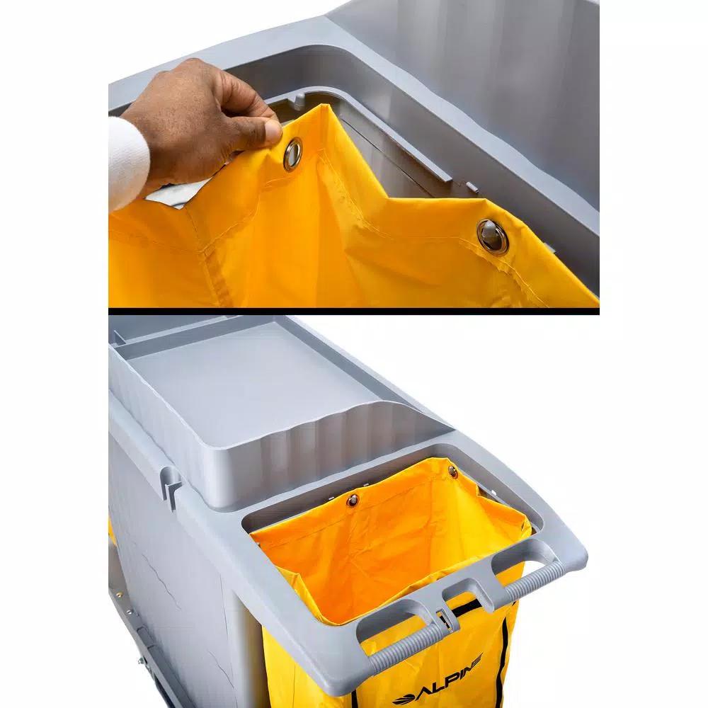 Alpine Industries 3-Shelf PVC Janitorial Cleaning Cart with 2 Yellow Vinyl Bags