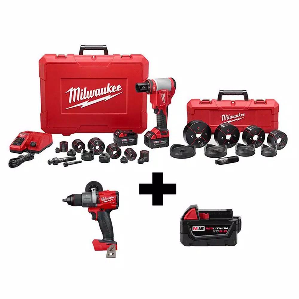 Milwaukee M18 Force Logic 10T Knockout Tool Kit with M18 FUEL Hammer Drill & 5.0 Ah Battery