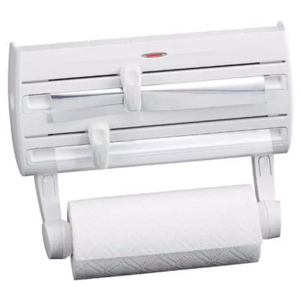 HOUSEHOLD ESSENTIALS Leifheit Wall Mount Paper Towel Holder with Spice Rack and Foil/Plastic Wrap Dispensers, White