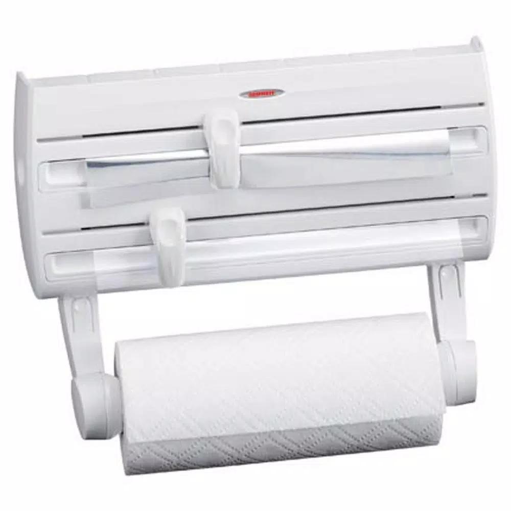 HOUSEHOLD ESSENTIALS Leifheit Wall Mount Paper Towel Holder with Spice Rack and Foil/Plastic Wrap Dispensers, White