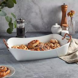 Denmark 18 in. Rectangular White Porcelain Serving Tray with Brushed Copper Handles thumbnail 2